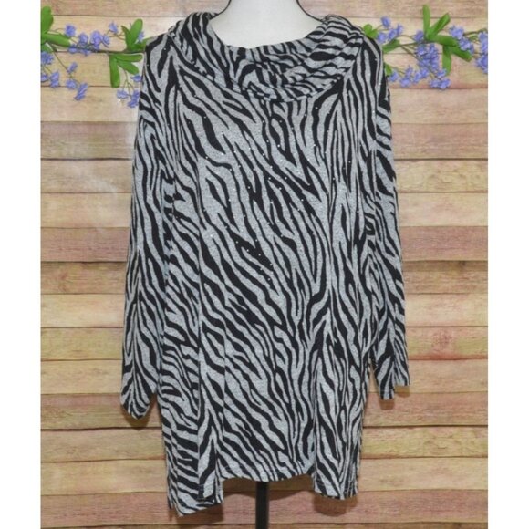 Rebecca Malone Womens Gray Studded Animal Print Cowl Neck Sweater Plus Size 2X - Picture 1 of 10